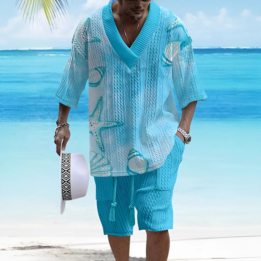 Men's loose casual short sleeve top and shorts suit separates set in polyester fabric