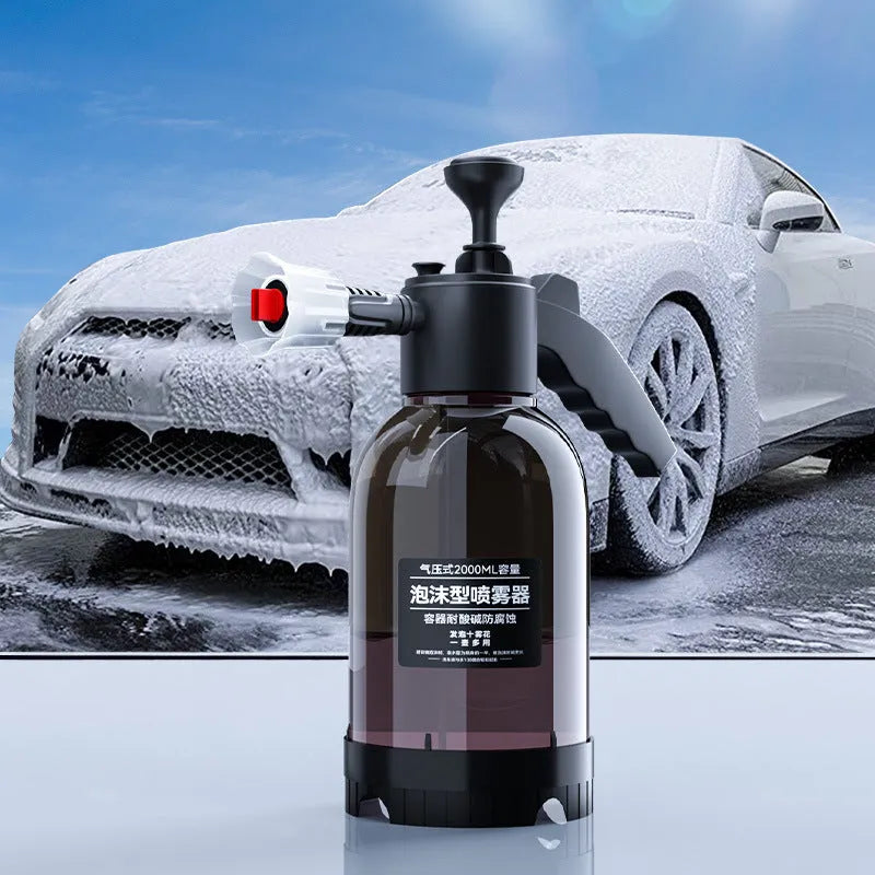 Black 2L hand-held foam spray watering can with two nozzles and a switch lock for car washing and gardening.