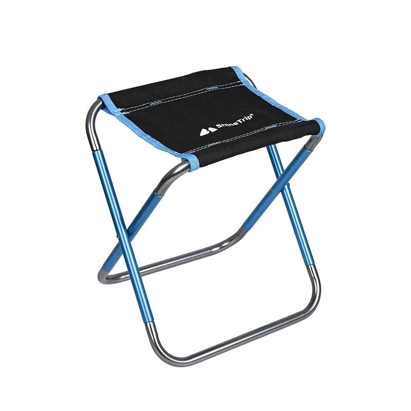 Black folding stool with an aluminium alloy frame, shown both folded and open for outdoor use.