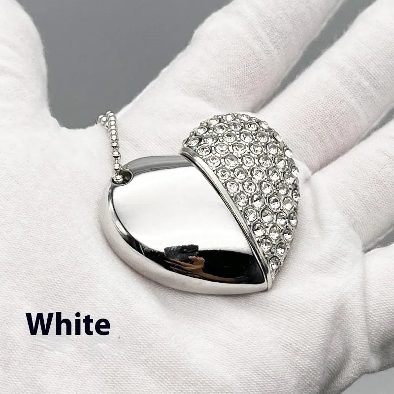 Heart-shaped brick pattern USB flash drive in blue, showing metal shell and USB connector.