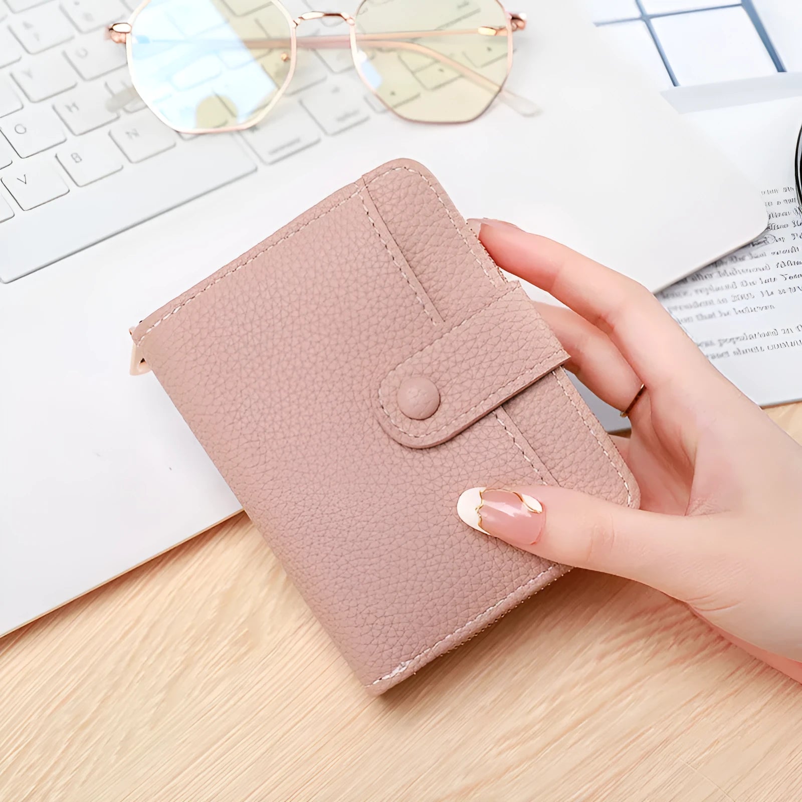 Ladies' short wallet with lychee pattern in 2-fold PU design showing colour options