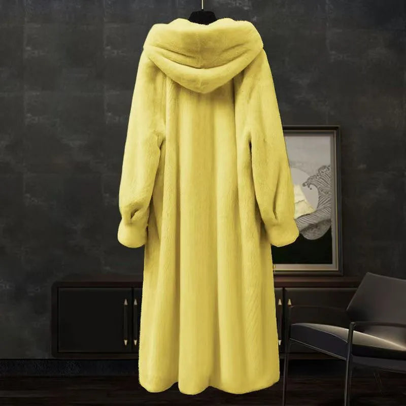 Women's plus size long faux fur coat in brown leopard print pattern with 100cm length