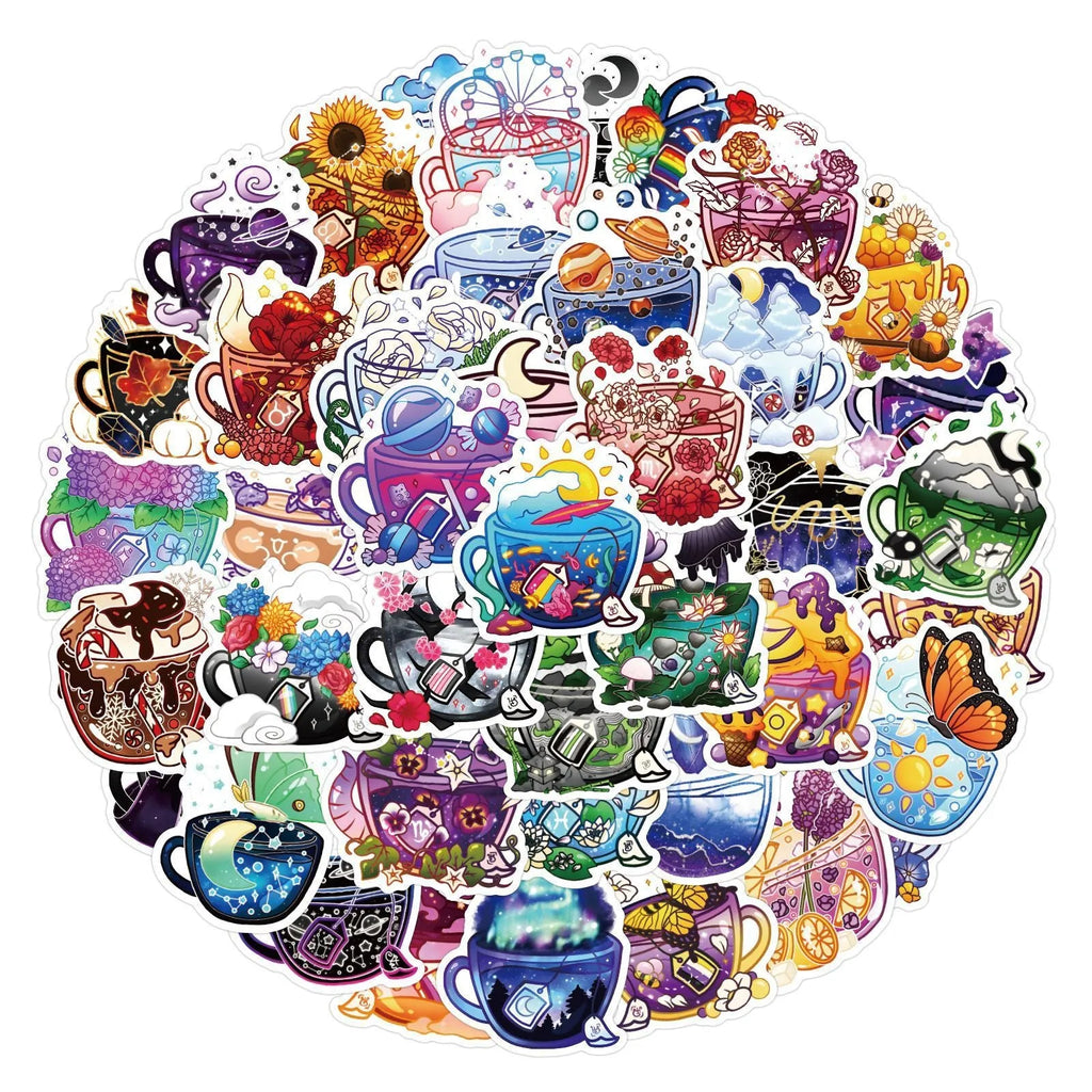 Colourful tea cup graffiti design waterproof stickers in a pack of 50 for scooter and luggage customisation.