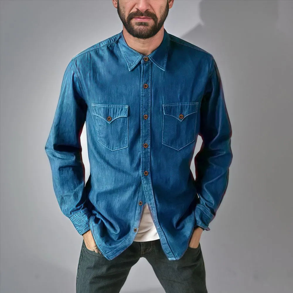 Men's regular fit denim cardigan coat in khaki colour with button front.