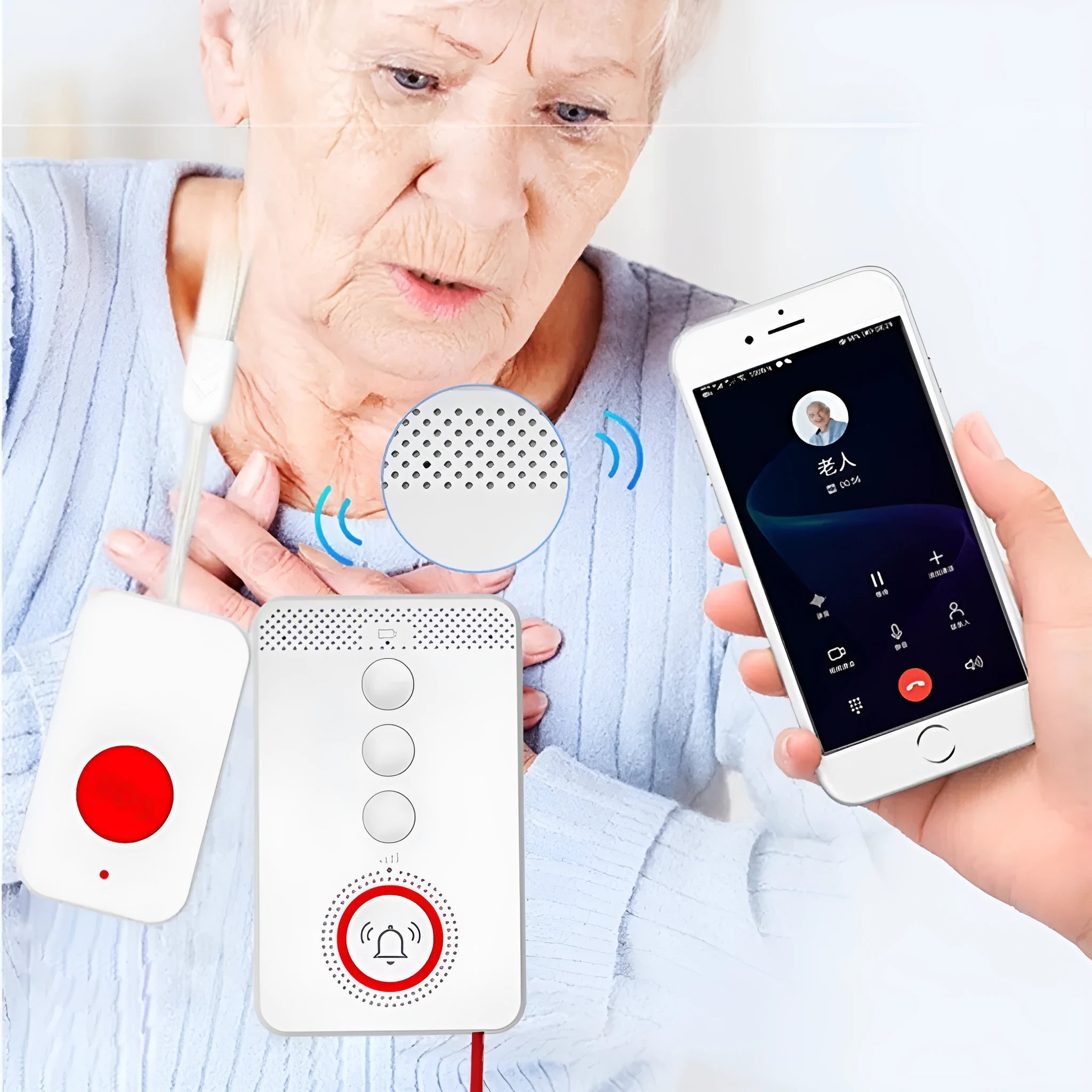 White voice emergency alert device with one buzzer unit and three separate emergency call buttons.