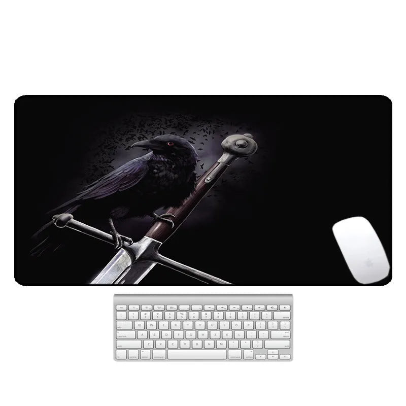 Large printed desk mat with natural rubber non-slip base on a wooden desk with keyboard and mouse.