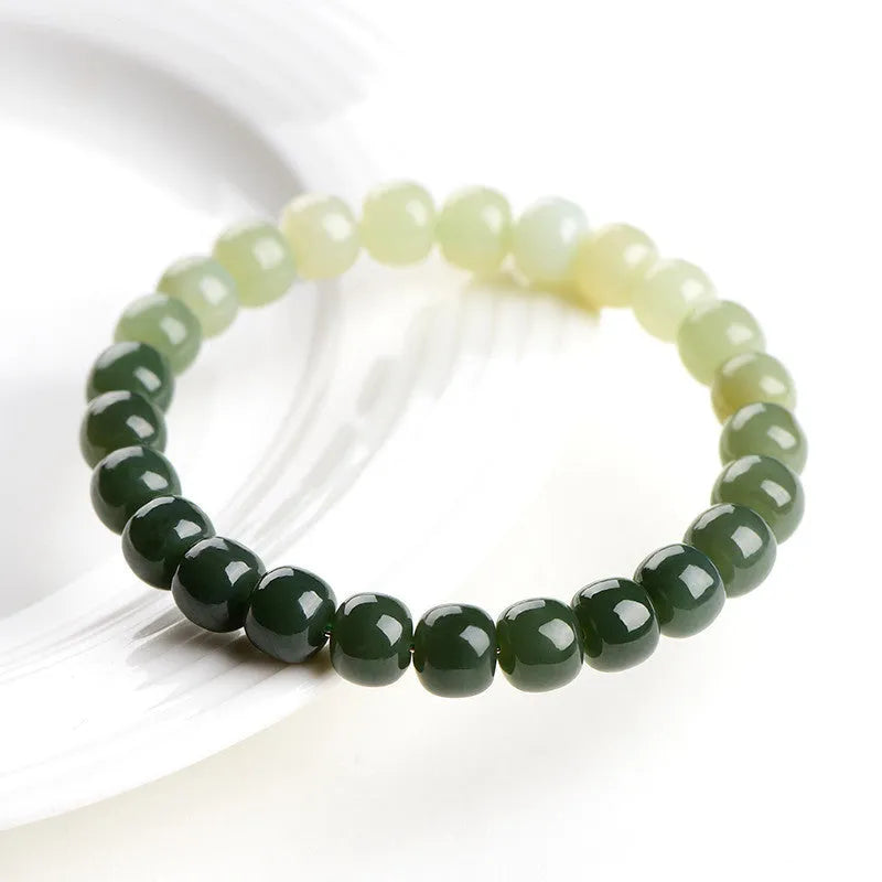 Natural Hetian jade water gradient bracelet with polished oval beads in unisex casual style