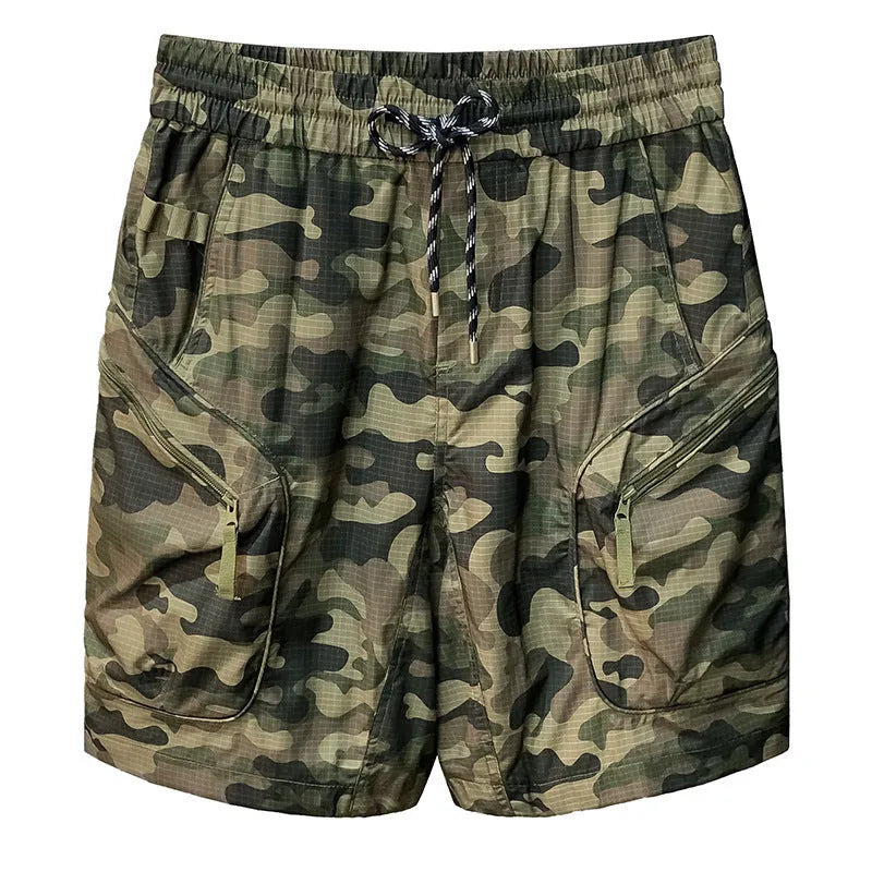 Men's camouflage cargo shorts in a loose fit with multiple pockets, shown in camouflage pattern.