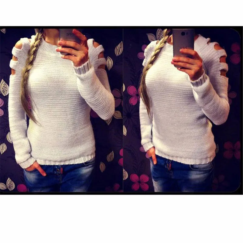 Women's grey knitted round neck shirt with decorative hollow-out long sleeves.