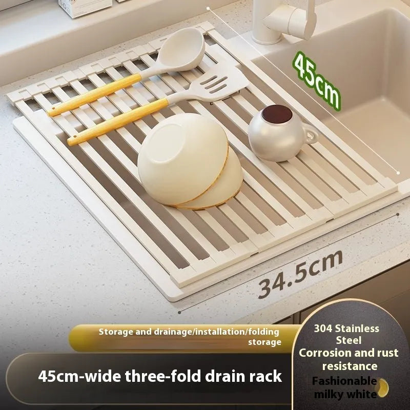 Foldable milky white stainless steel kitchen draining rack inside a sink