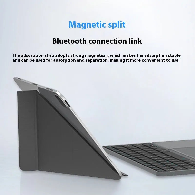 Grey wireless Bluetooth folding keyboard shown open for typing and folded for storage
