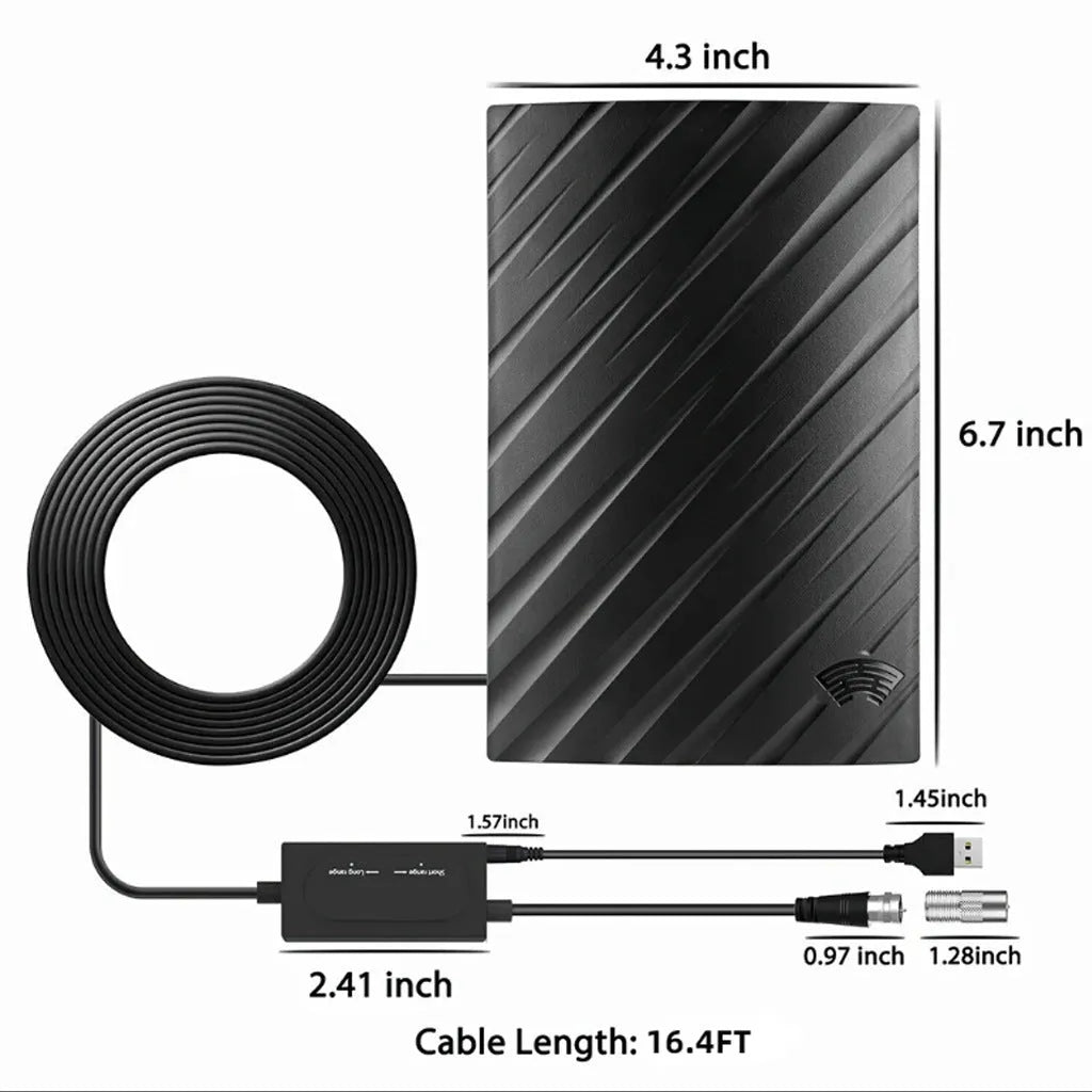Black digital TV antenna with mounting hardware including expansion tubes, screws, cable ties and adhesive tape