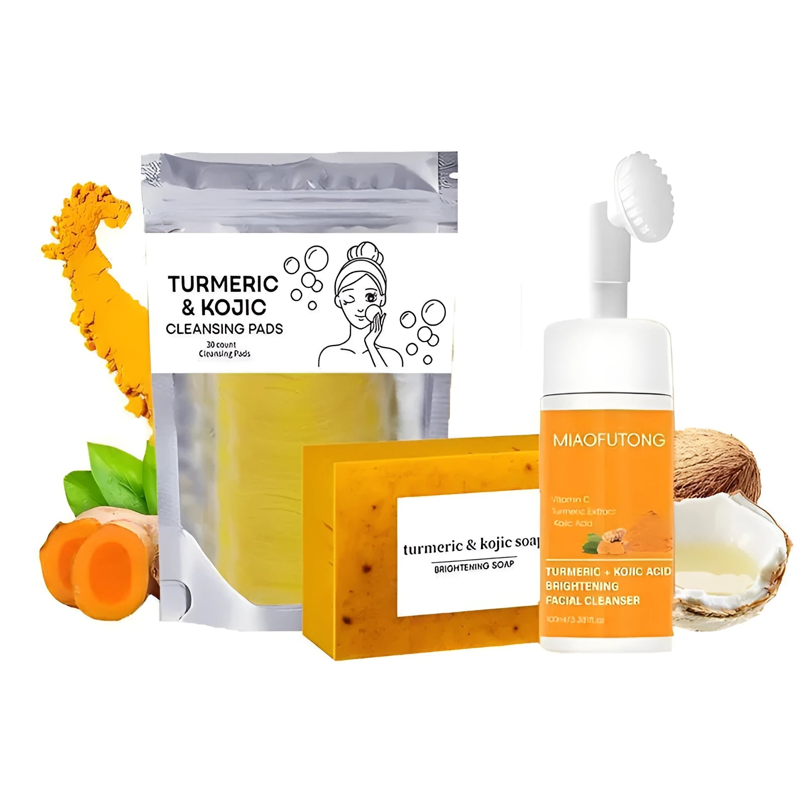 Turmeric facial cleansing pad set with 30 reusable pads, ginger soap and cleansing mousse components