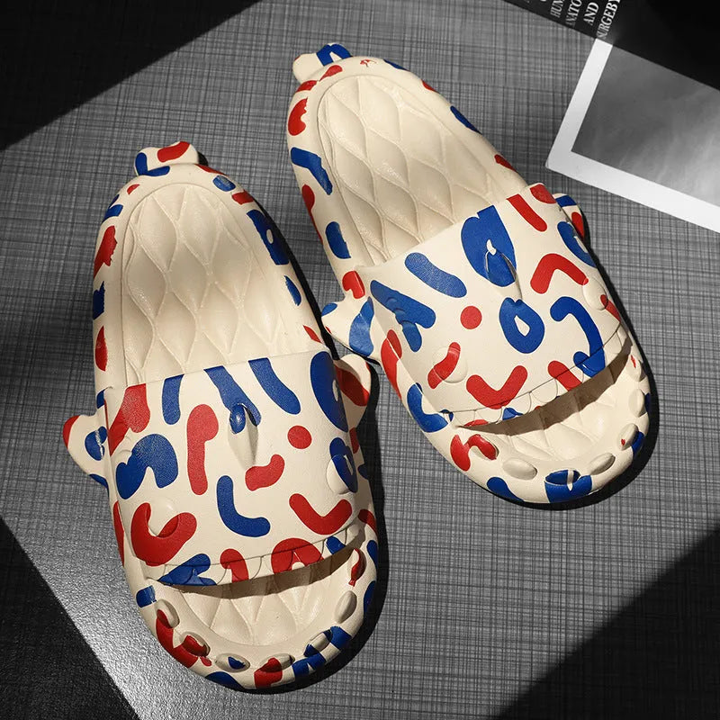 Open-toe EVA foam home slippers with shark design in beige, black, grey, and white colours.