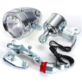 Silver bicycle dynamo generator light for front fork or rear frame mounting with friction drive mechanism
