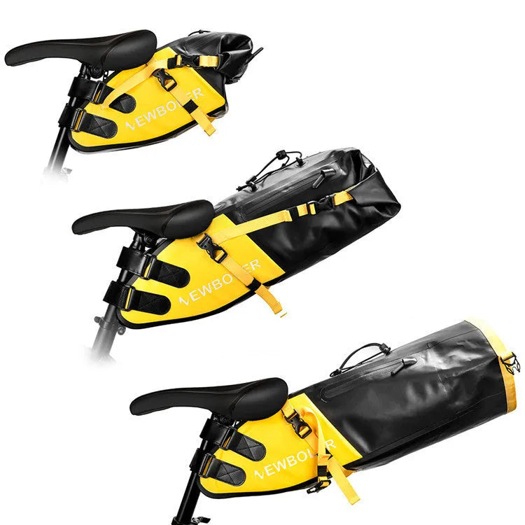 Waterproof PVC bicycle tail bag with 13L capacity mounted on bike rear