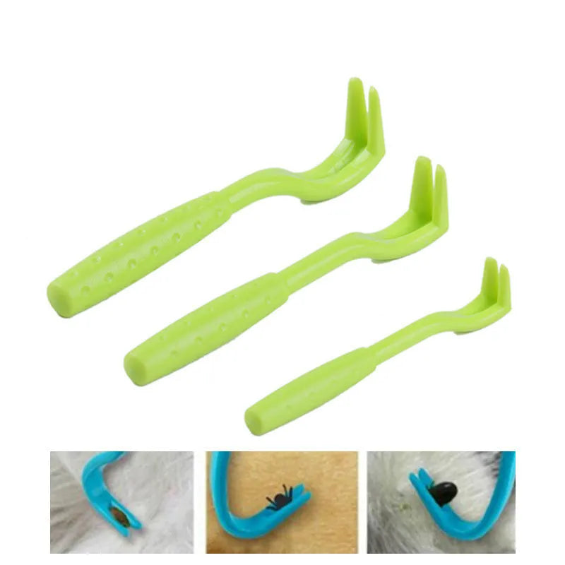 Set of three blue or green plastic pet tick and flea removal clips with hook design.