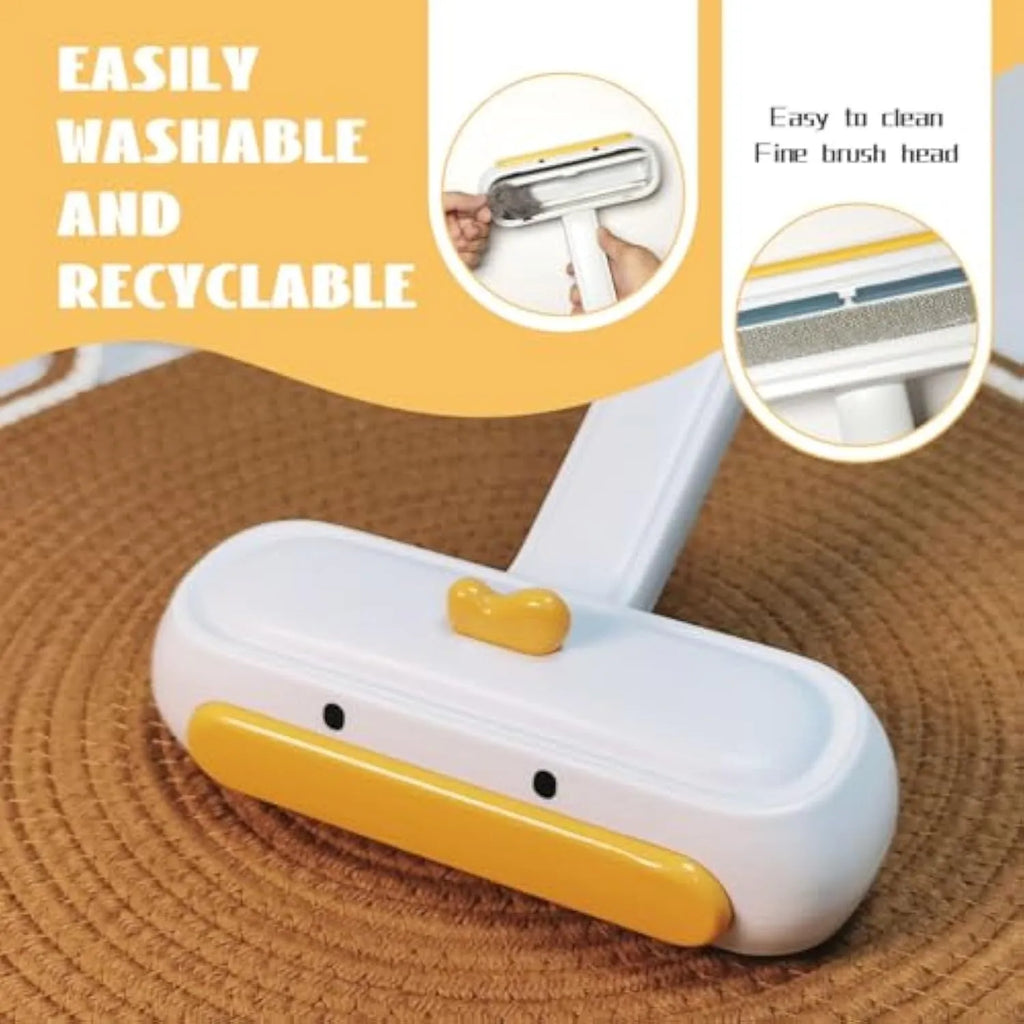 White portable pet hair remover tool with yellow duck cartoon design and polyester bristles