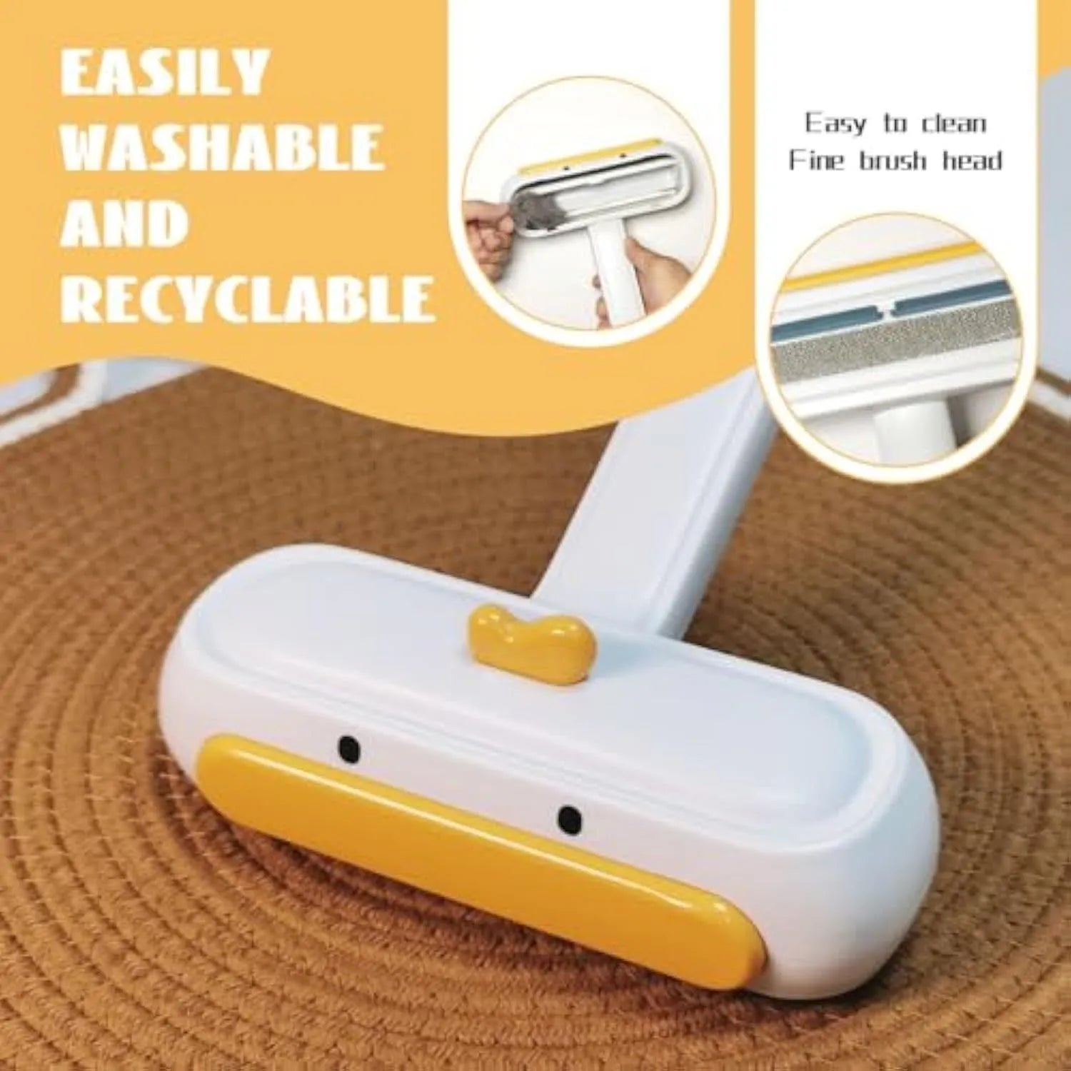 White portable pet hair remover tool with yellow duck cartoon design and polyester bristles