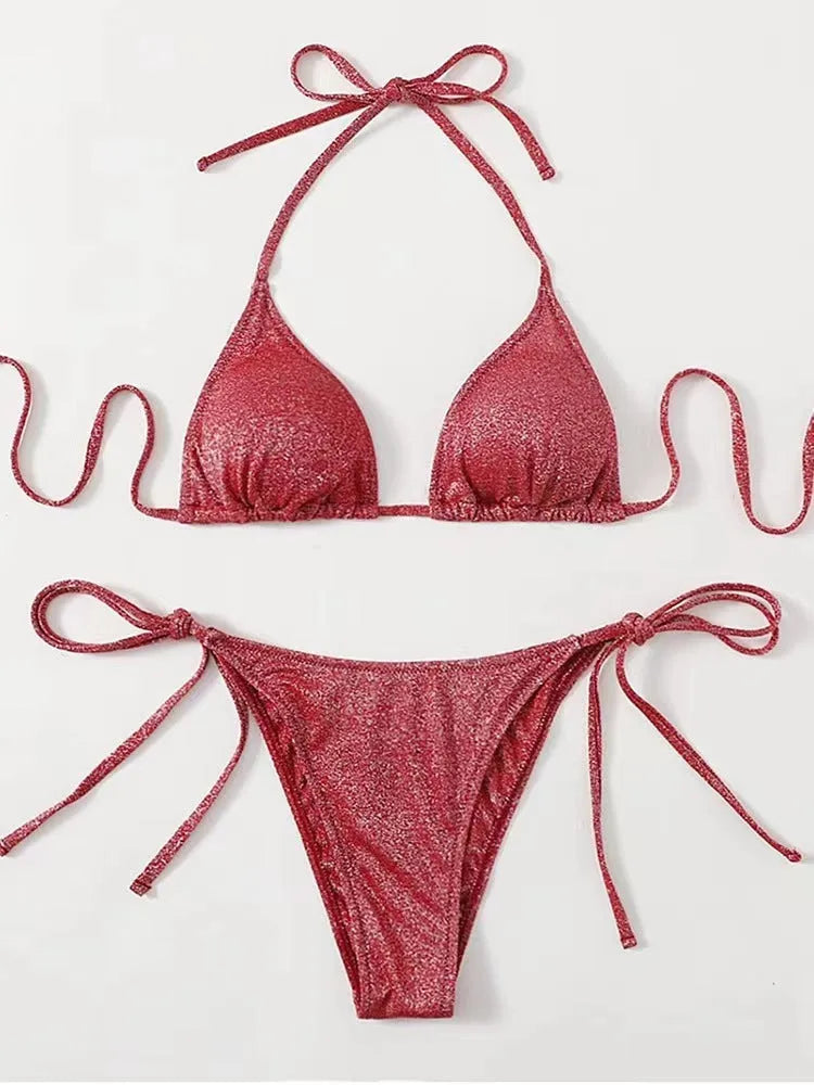 Women's split bandage style bikini swimsuit in polyester fabric with briefs bottom