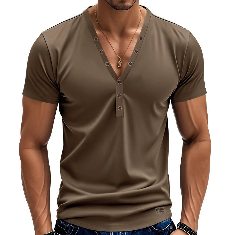 Men's loose fit solid colour V-neck pullover top with button detailing on the front.