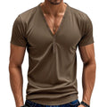Men's loose fit solid colour V-neck pullover top with button detailing on the front.