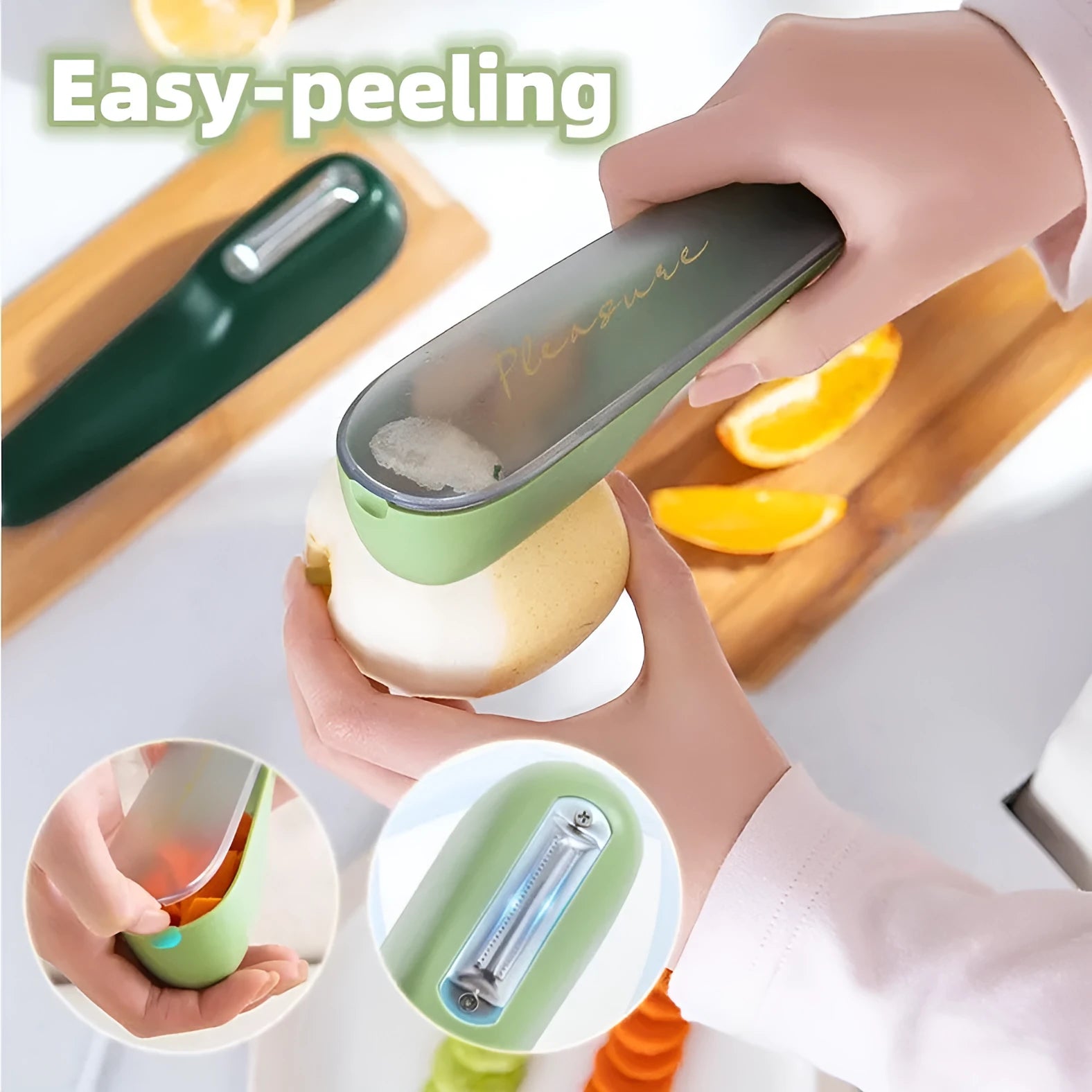 Dark green kitchen peeler with stainless steel blade inside a storage tube