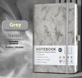 A5 PU leather notebook with strap closure, open to show horizontal line ruled pages.