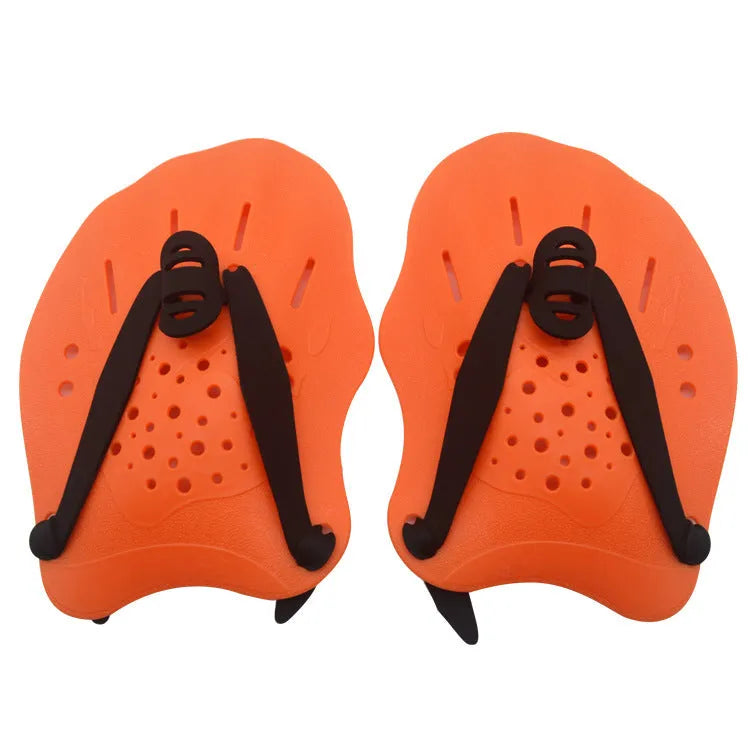 A pair of freestyle swim training paddles with hand webbing in multiple colour options on a blue background.