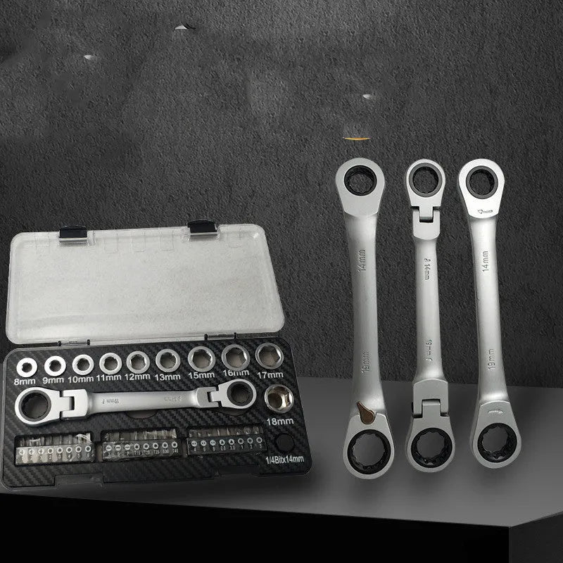 Dual-purpose ratchet wrench set with two-way mechanism, 10 sockets and 3 bit heads arranged on work surface