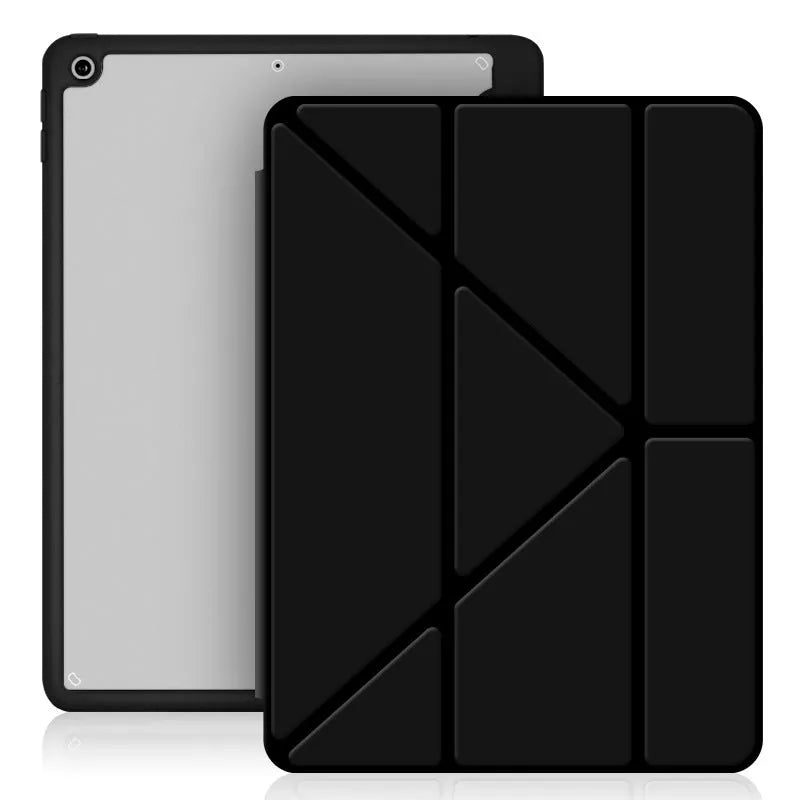 iPad protective case with Y-folding bracket design showing pen storage slot and imitation leather finish