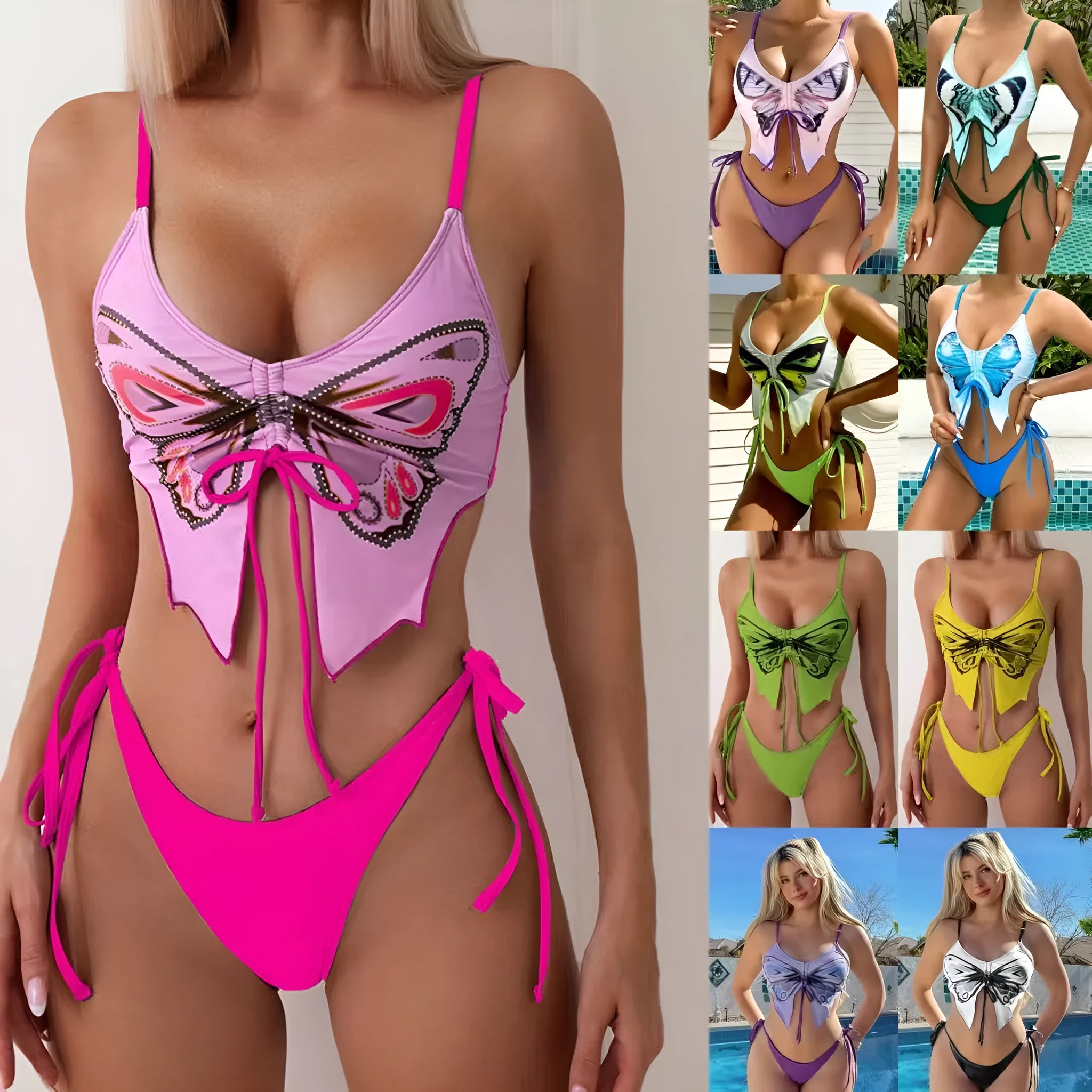 Women's purple split bow back bikini swimsuit set on mannequin, showing sleeveless top and briefs.