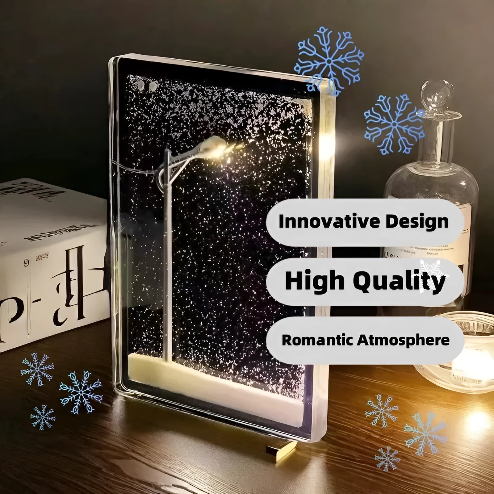 Handmade DIY snowy night light kit featuring an LED street lamp and Christmas desktop decor materials