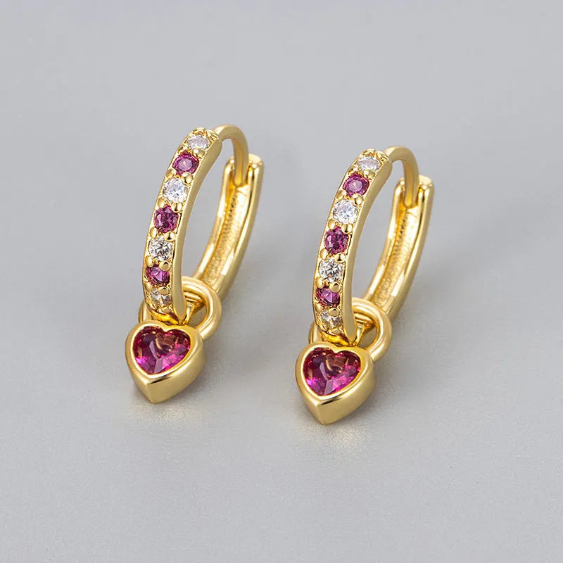 Women's heart drop earrings with coloured gemstone in gold or white gold colour metal