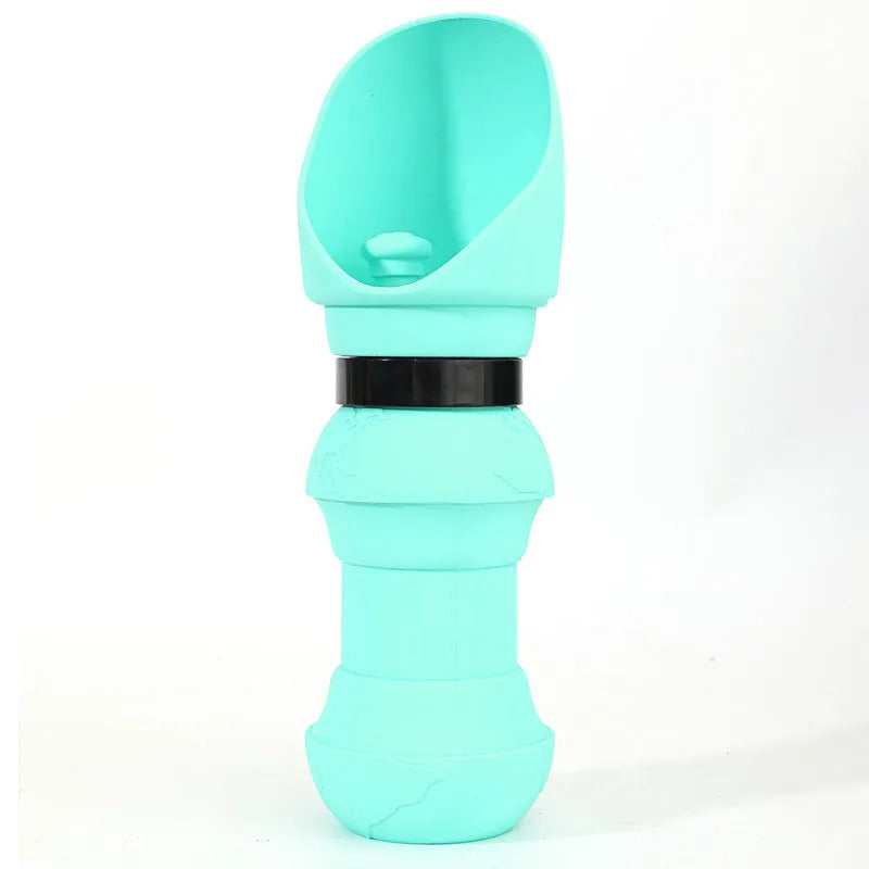 Collapsible silicone pet water cup shown in folded and open positions, available in various colours.