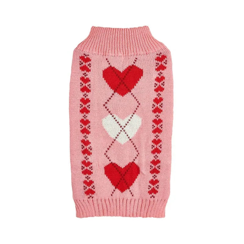 Red love heart design dog sweater on small breed dog