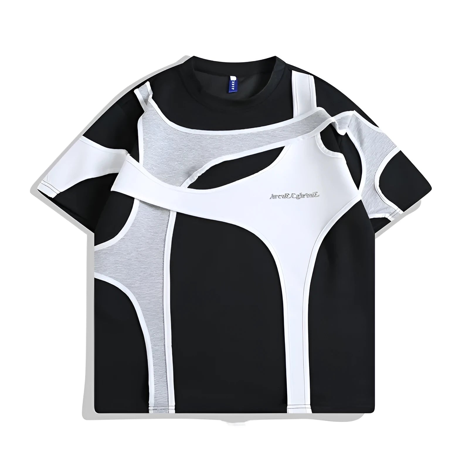 Men's black cotton t-shirt with double-layer stitching and padded shoulder short sleeve strap in loose fit