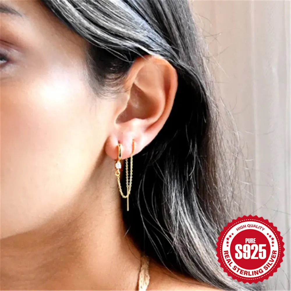 S925 sterling silver earrings with diamond flower tassel chain design and golden electroplated finish