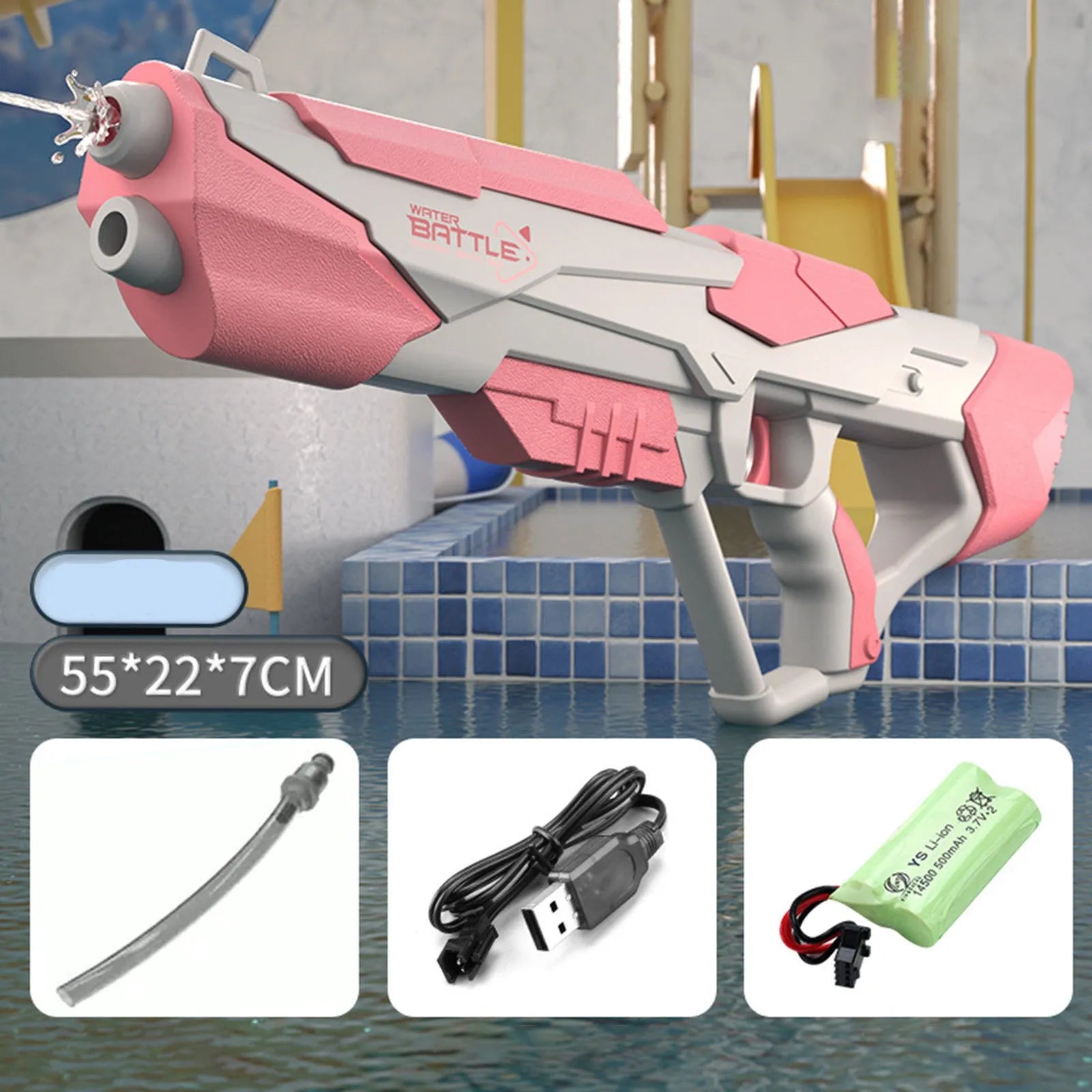 Blue electric water gun with automatic water absorption and USB charging cable