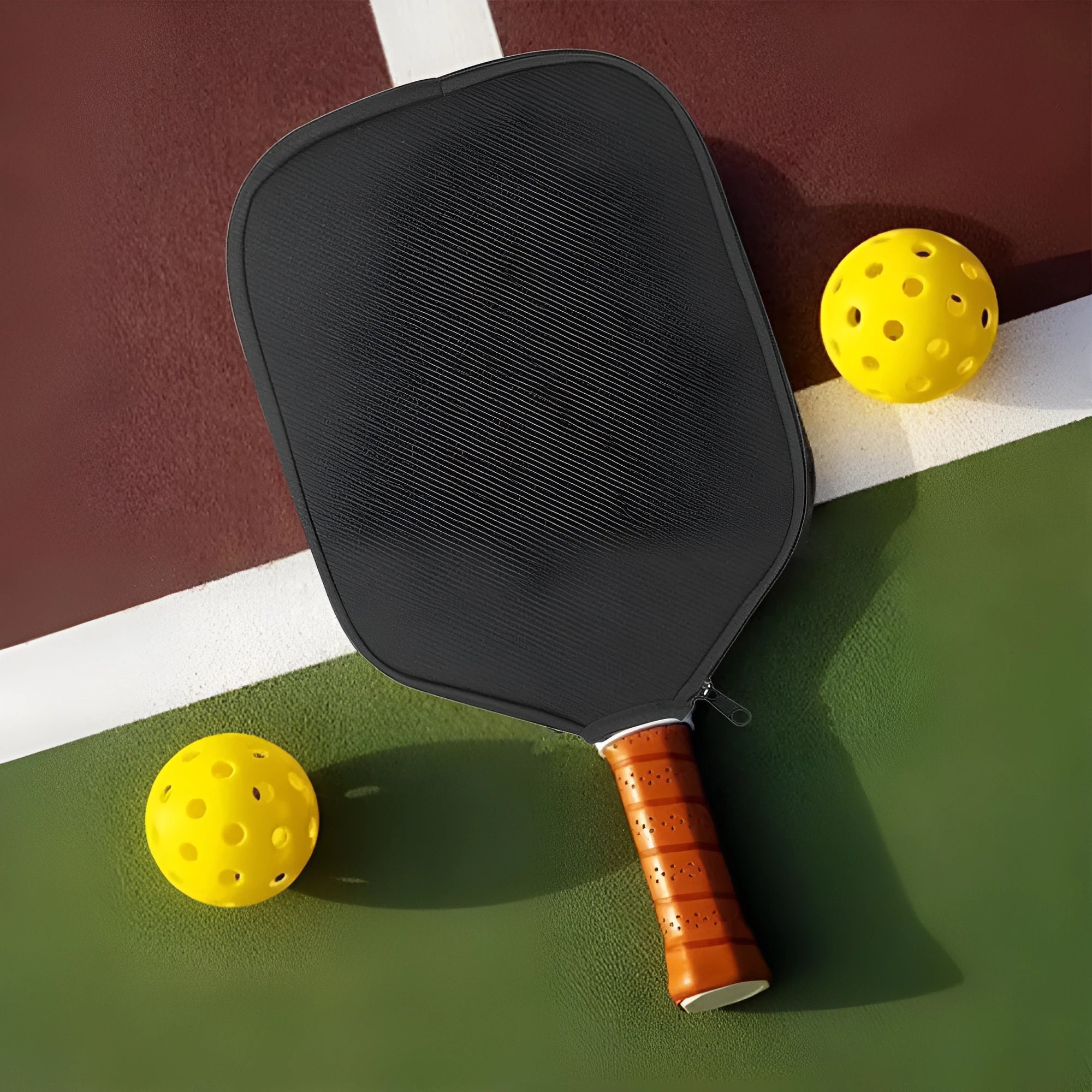 Black neoprene protective sleeve for a table tennis racket showing texture and fit