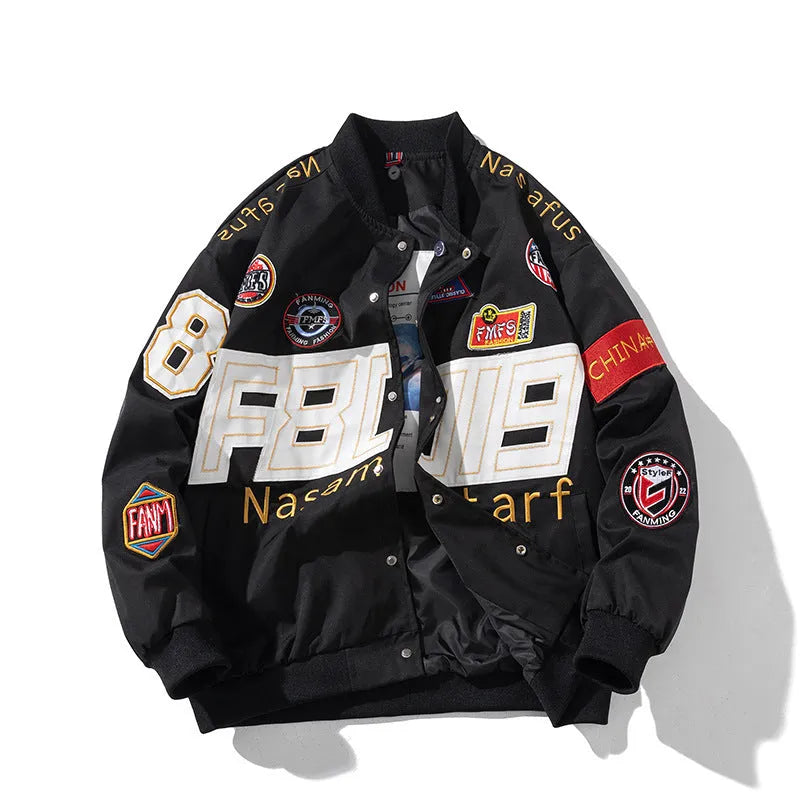Black American motorcycle baseball jacket with side pockets, shown with detachable hood, for couple riding.