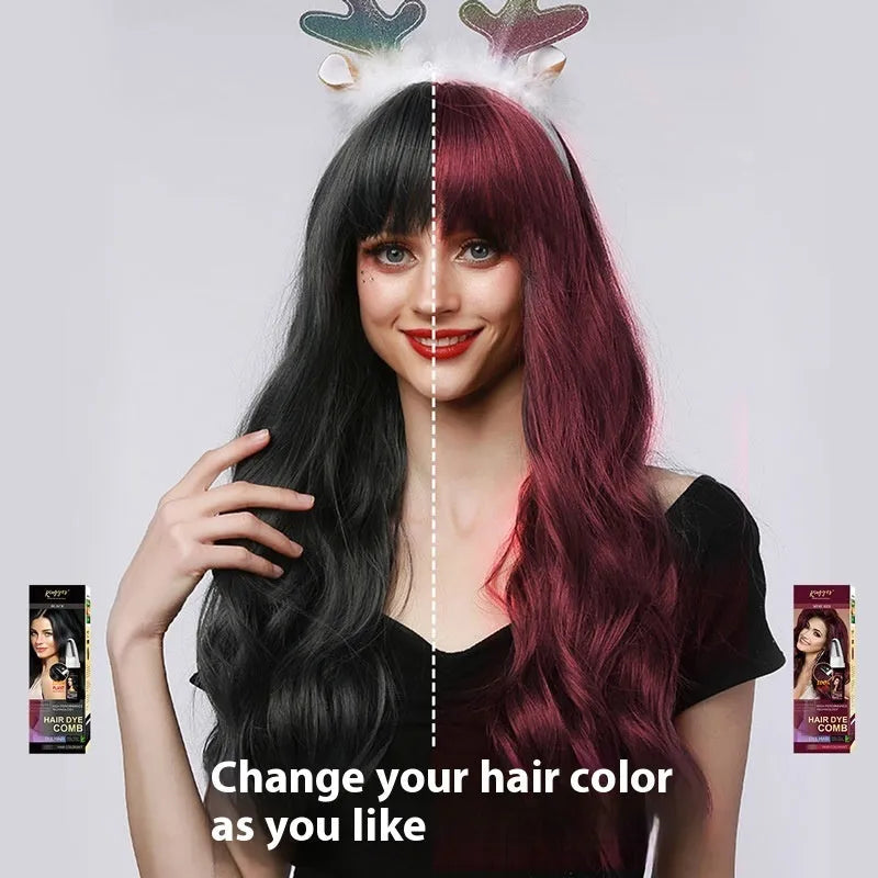 200ml bottle of permanent hair dye with a built-in comb applicator in Brown, Wine Red, or Dark Brown.