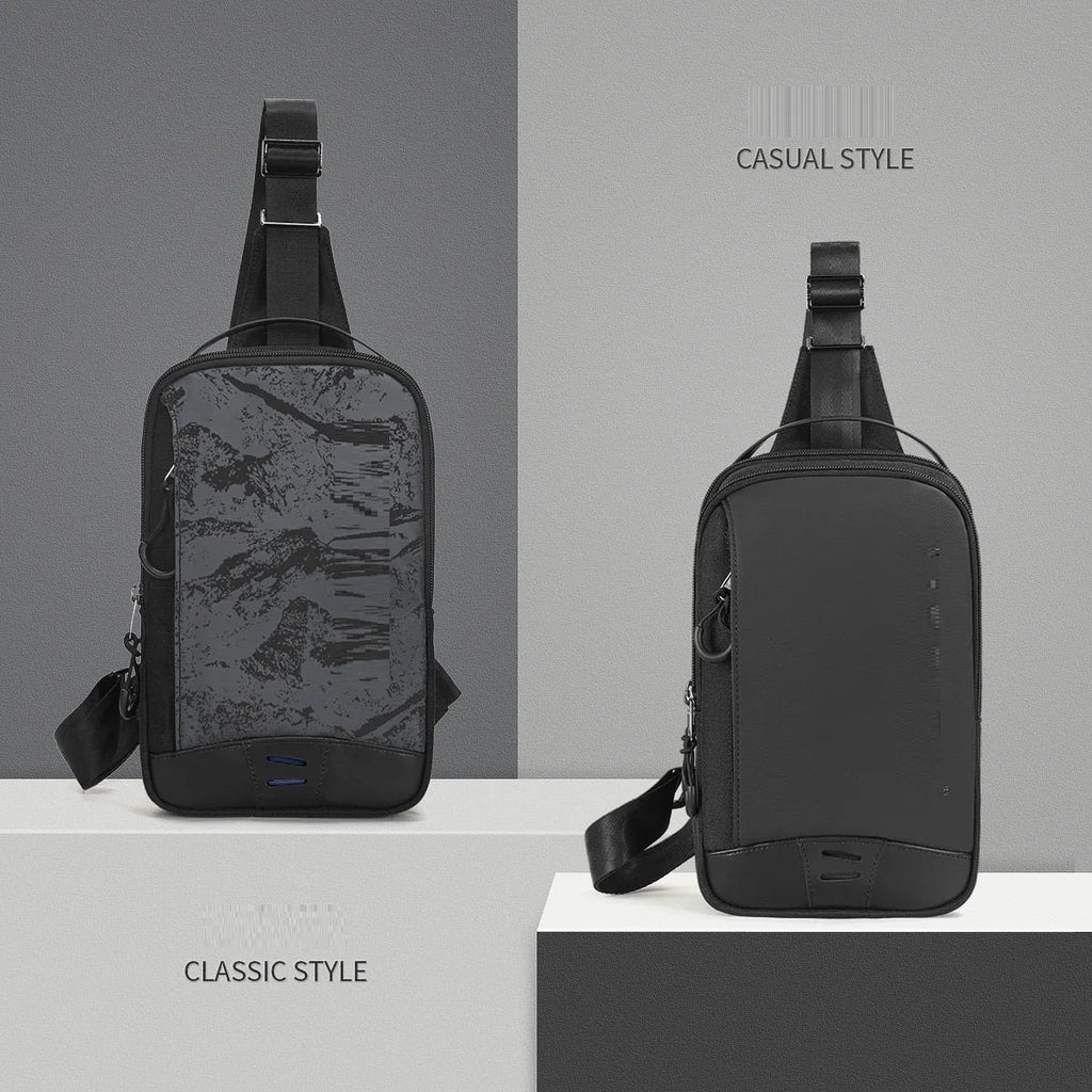 Casual black TPU camouflage pattern chest bag with single shoulder strap and soft handle.