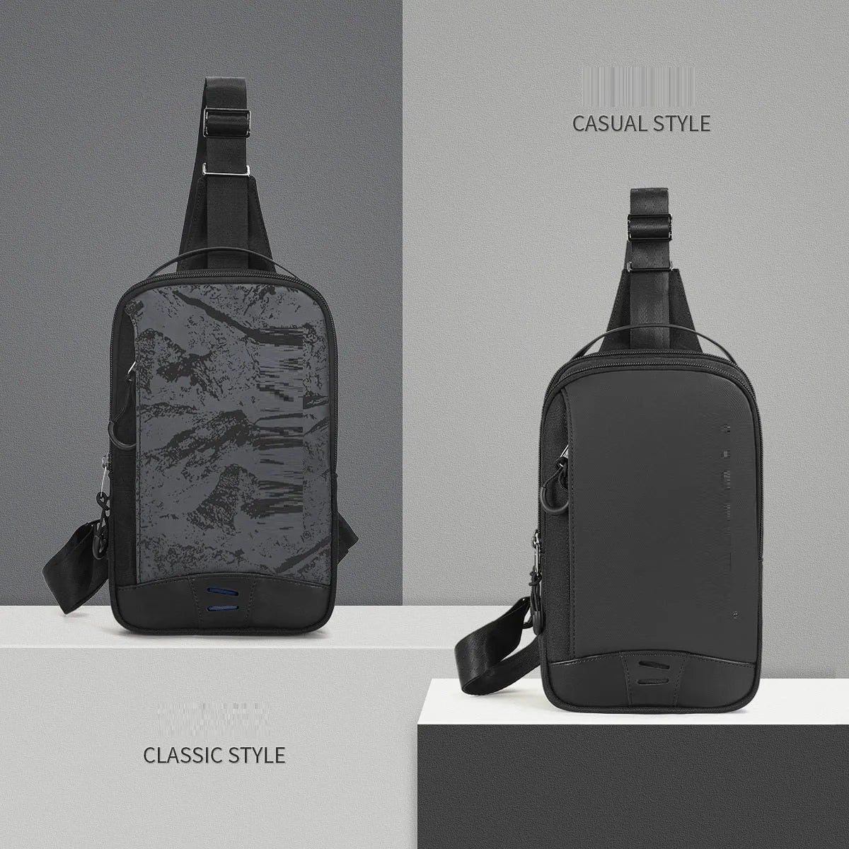 Casual black TPU camouflage pattern chest bag with single shoulder strap and soft handle.