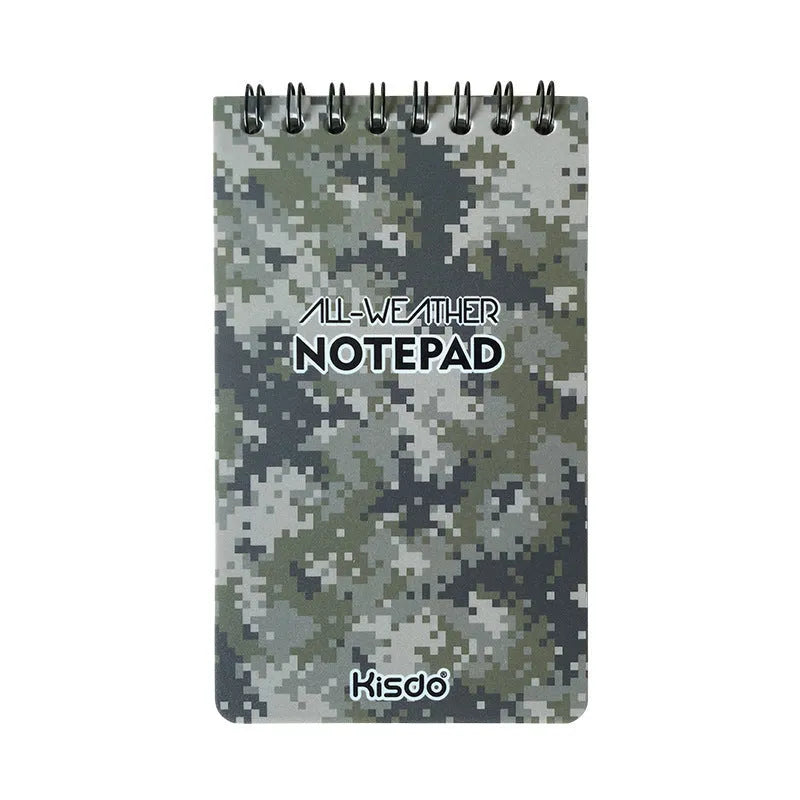 Spiral-bound waterproof notepad with polypropylene cover, open to show stone paper pages, in camouflage colour option.