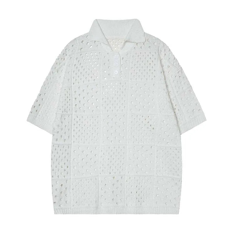 Short-sleeved polo shirt with hollow knit design in black colour showing loose fit