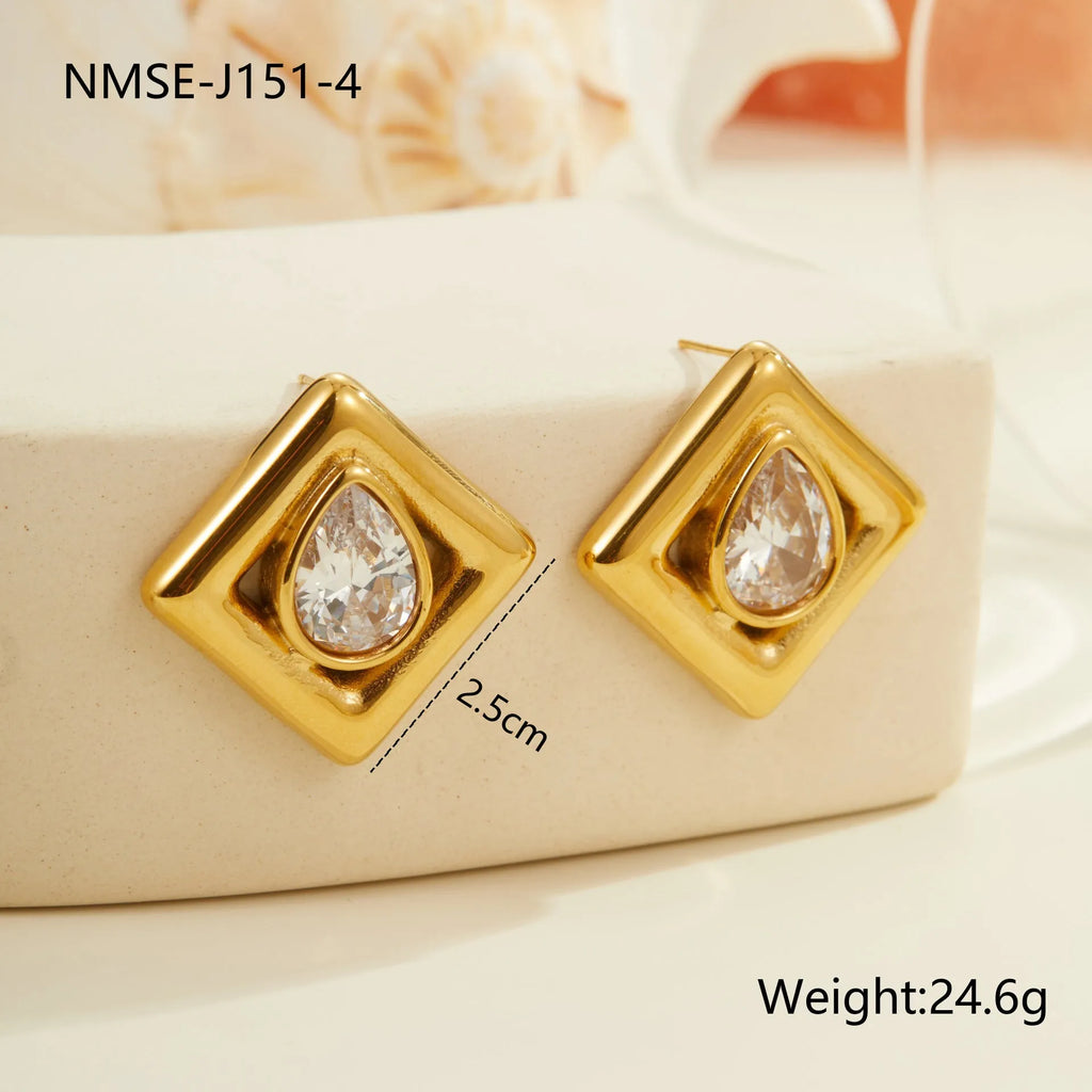 Gold stud earrings with geometric water drop zircon stones on stainless steel