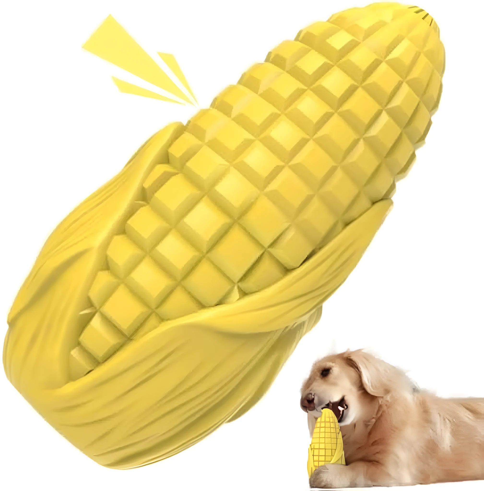 Blue and yellow corn-shaped durable dog chew toy for large breeds with squeaker and dental grooves.