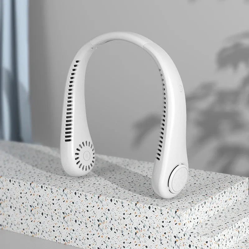 Blue portable bladeless neck fan with USB charging and adjustable speed settings