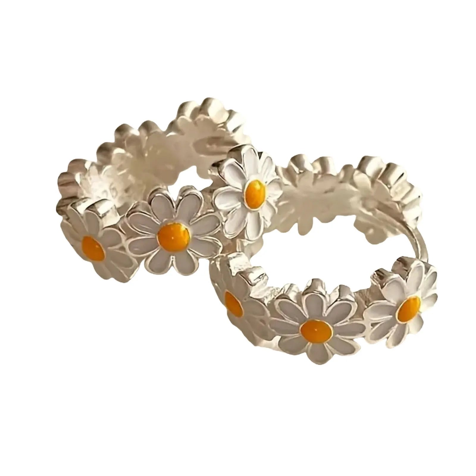 White daisy flower ring earrings with gemstone inlay and platinum electroplated finish